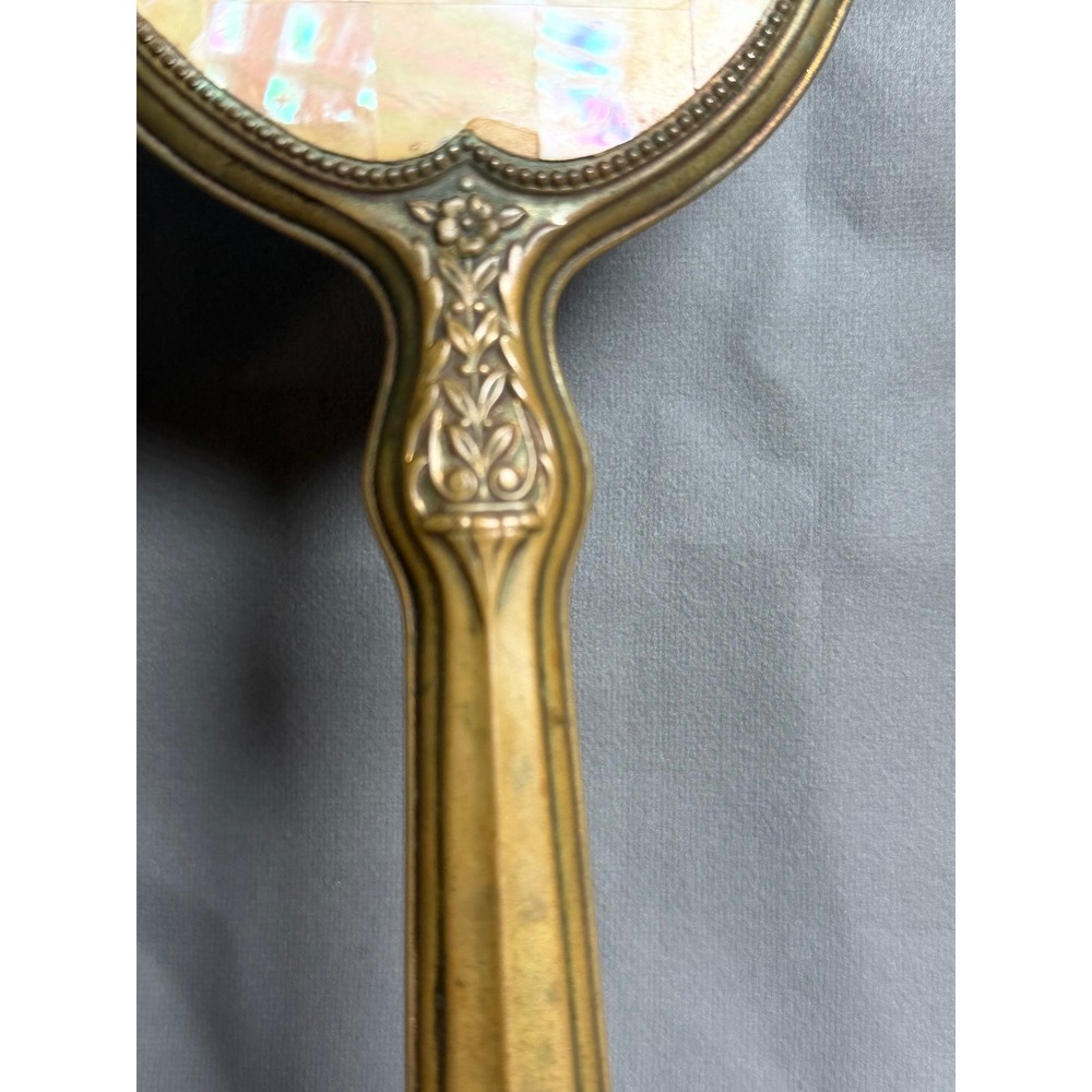 Vintage Mother of Pearl Inlay Gold Tone Vanity Set Hand Mirror Hairbrush 2pc - Picture 5 of 12